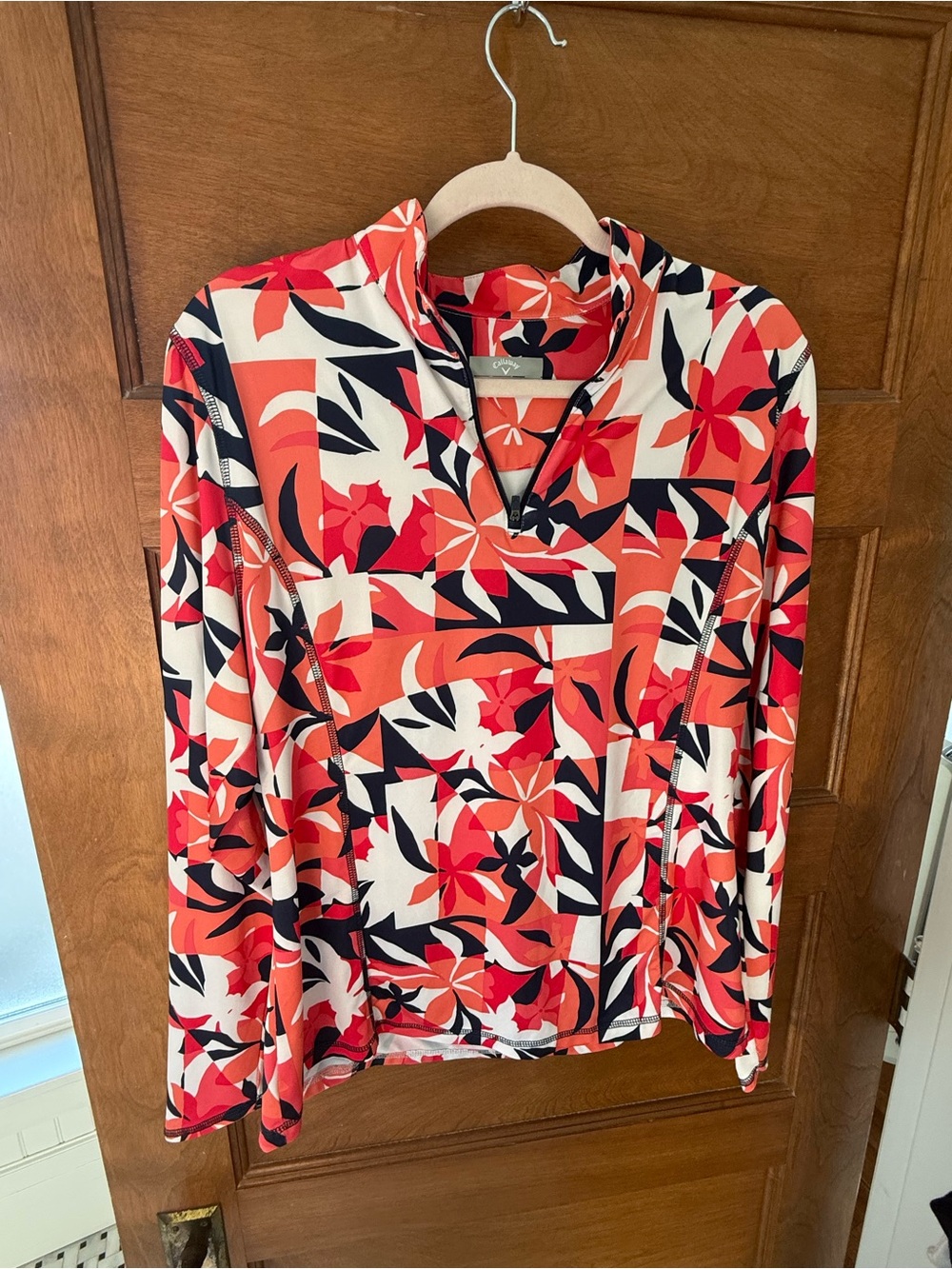 Callaway Red Coral Black Floral Quarter-Zip Long Sleeve Top